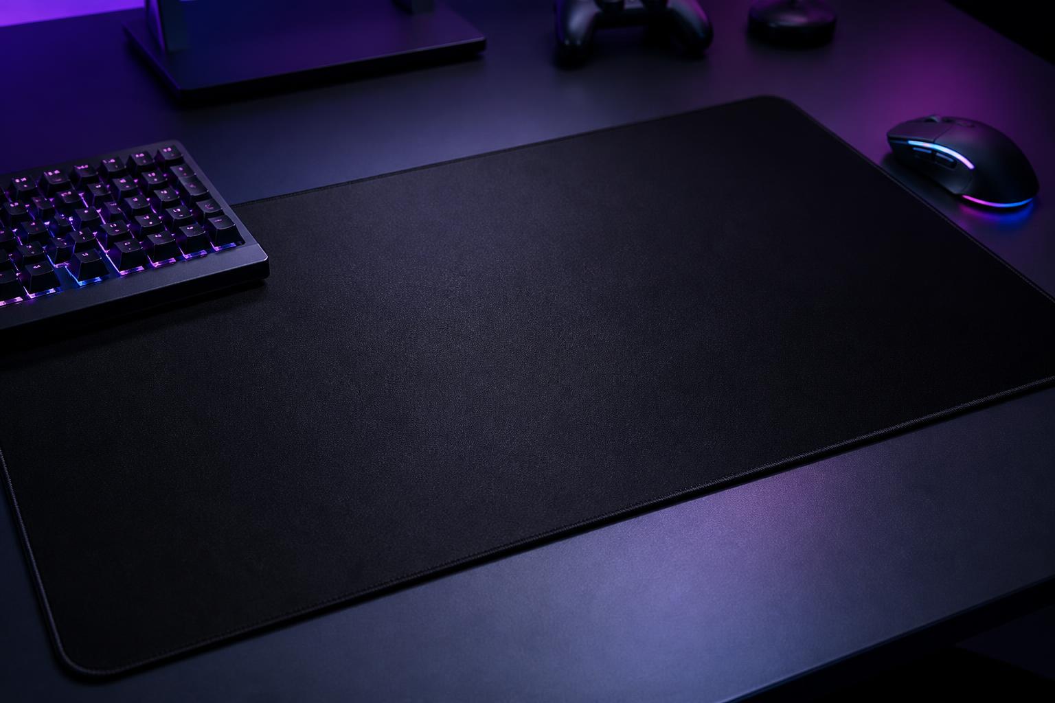 Mousepad gamer premium extended WYM.GG em setup com iluminação roxa e azul